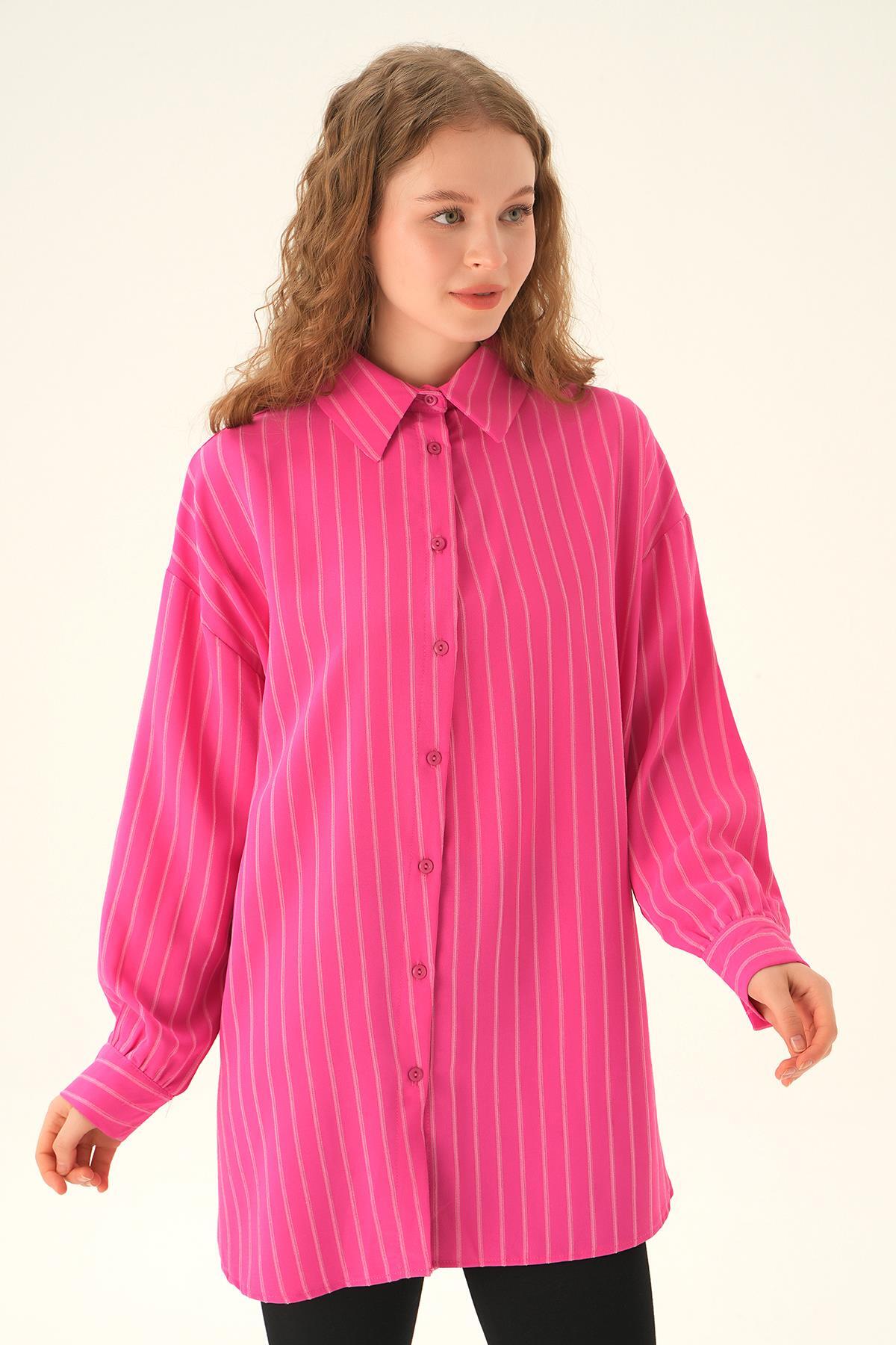 Fuşya Çizgili Oversize Gömlek 4013A - 3