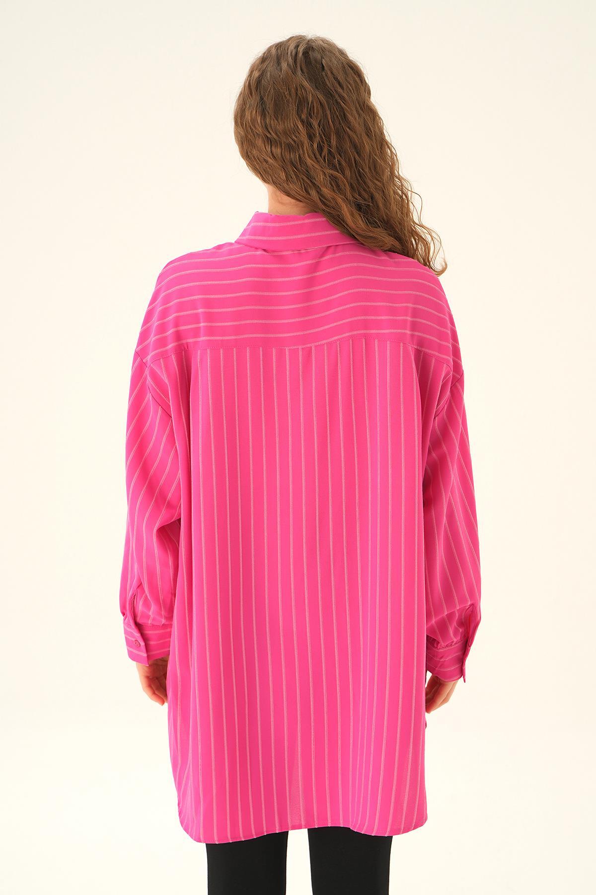 Fuşya Çizgili Oversize Gömlek 4013A - 4