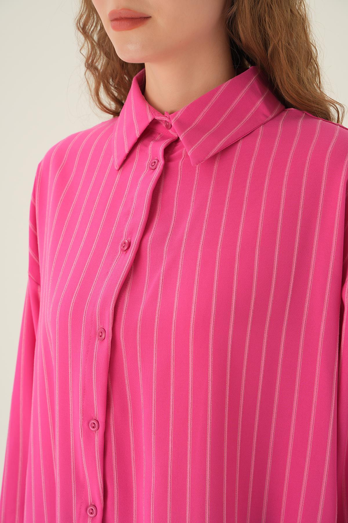 Fuşya Çizgili Oversize Gömlek 4013A - 5