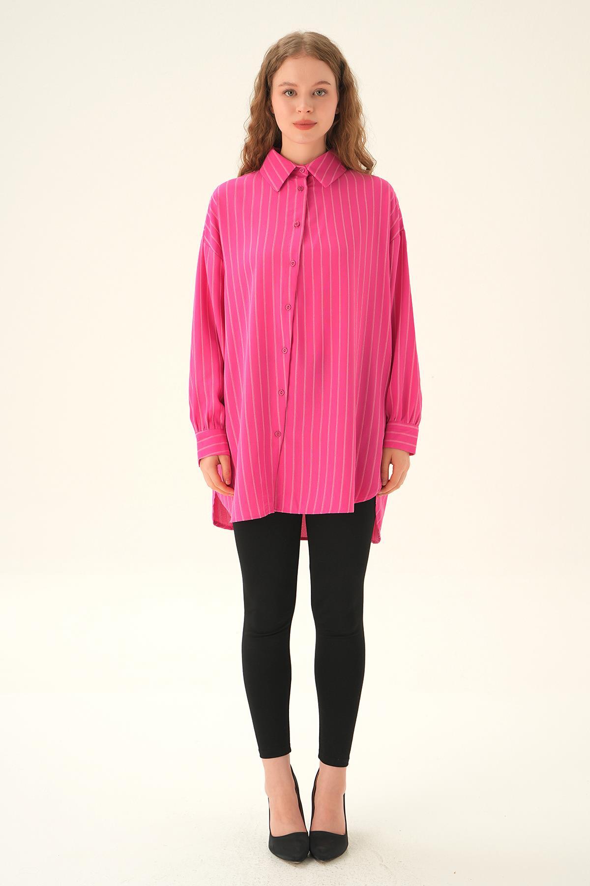 Fuşya Çizgili Oversize Gömlek 4013A - 6