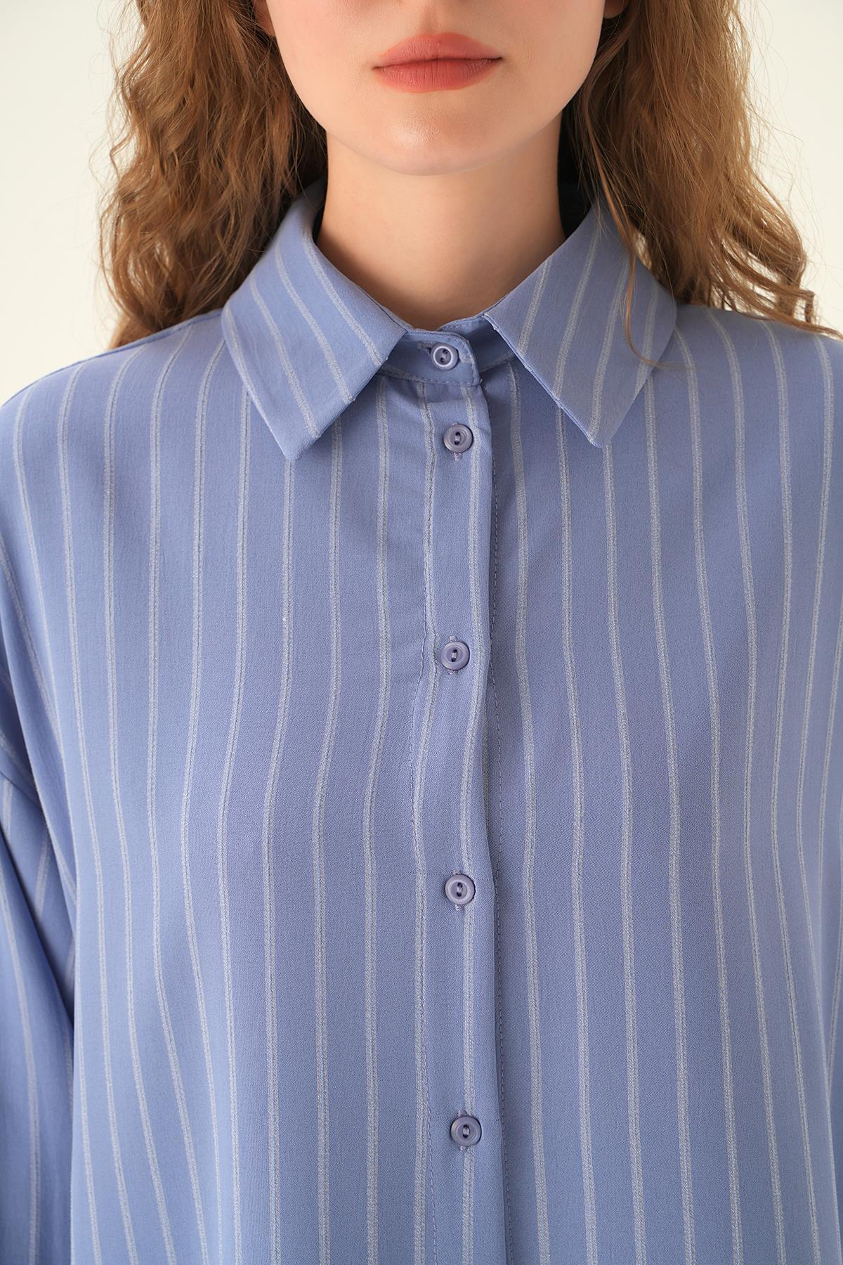 4013A Çizgili Oversize Gömlek Mavi - 5