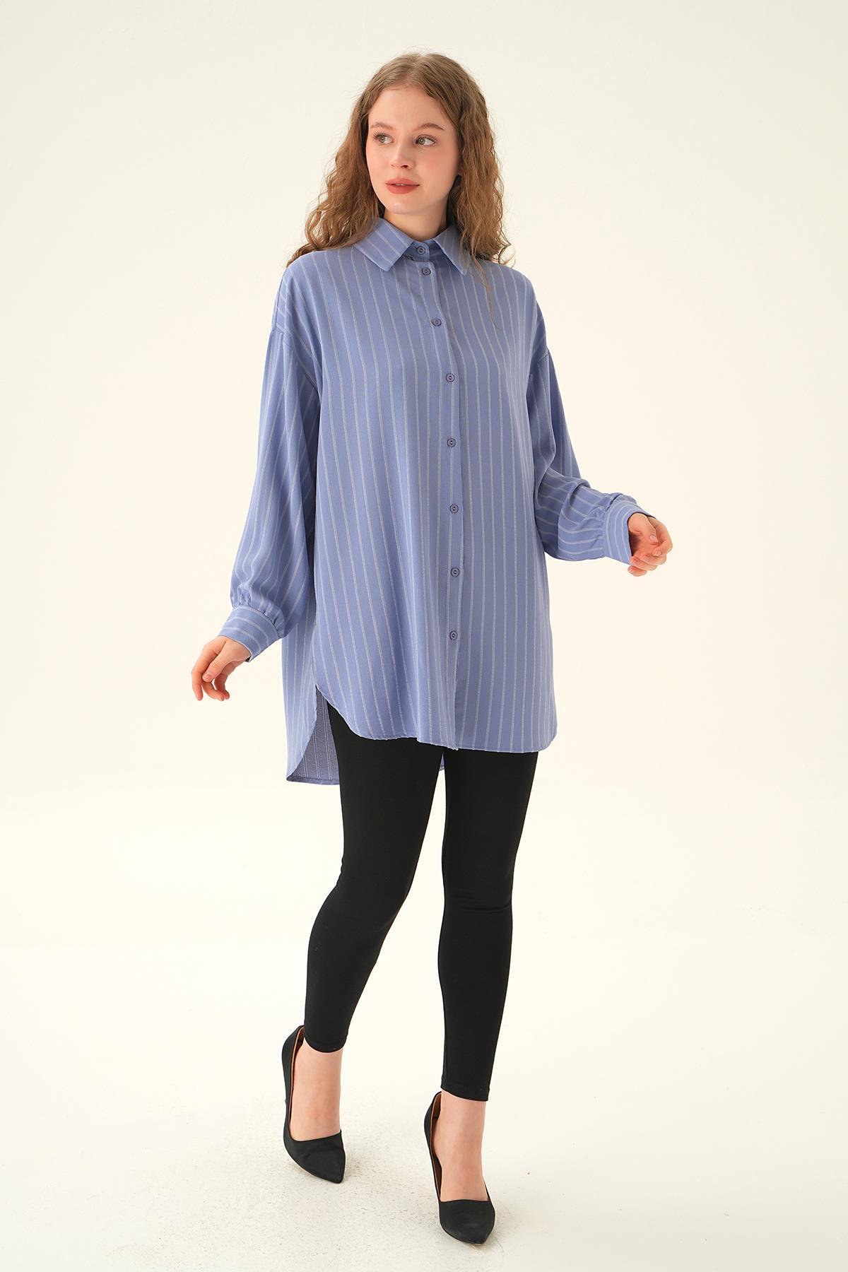 Mavi Çizgili Oversize Gömlek 4013A - 2