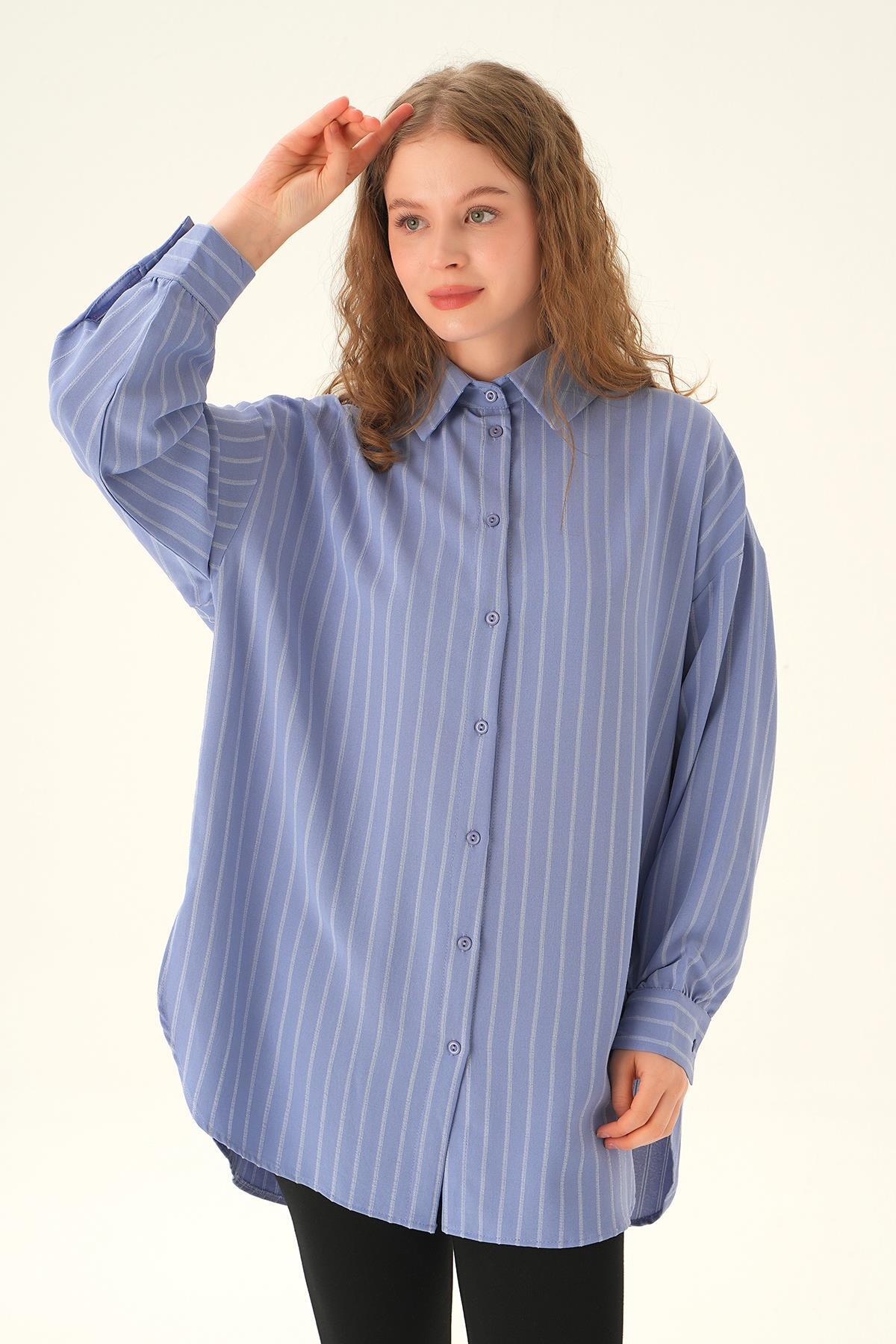 Mavi Çizgili Oversize Gömlek 4013A - 3
