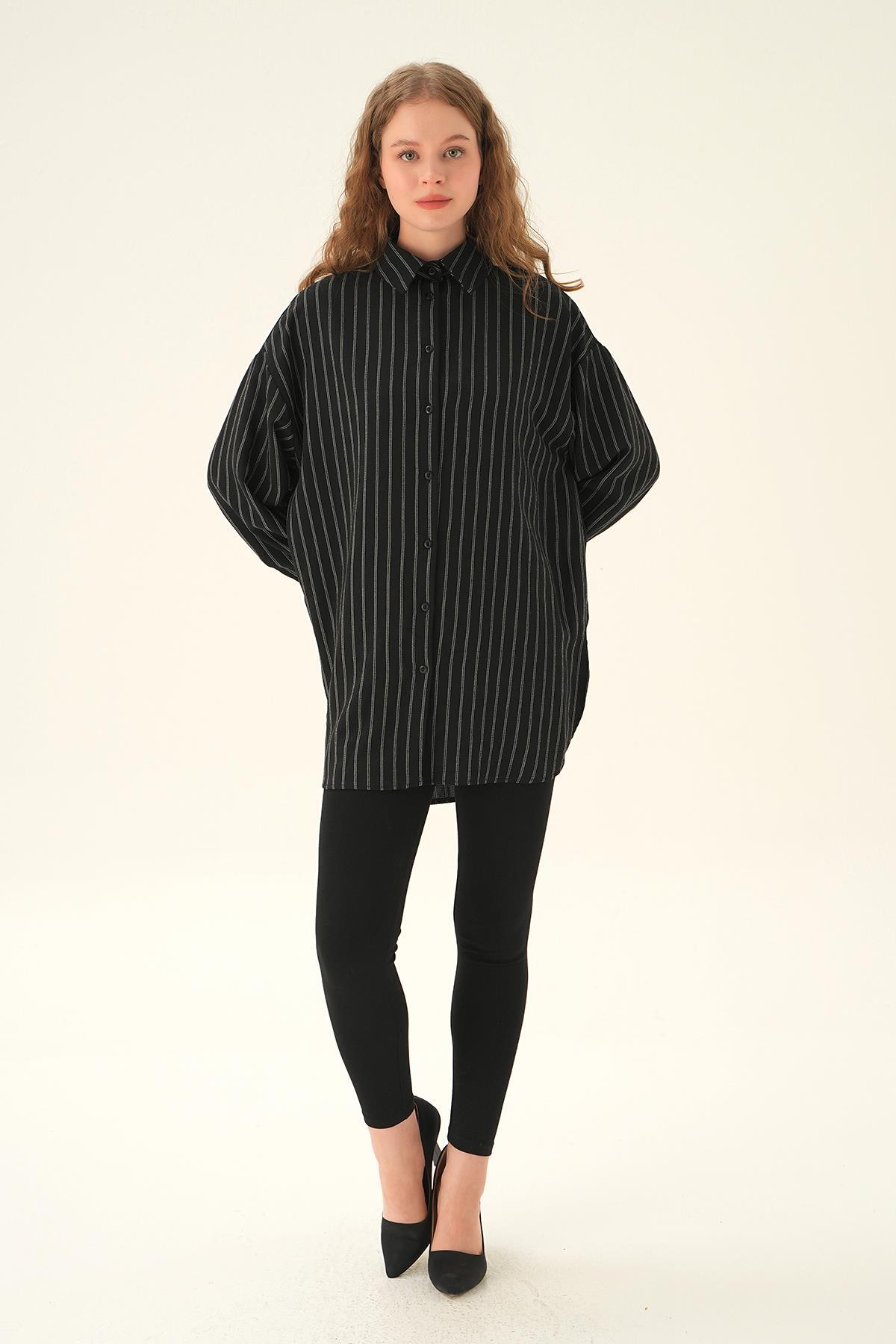 4013A Çizgili Oversize Gömlek Siyah - 2