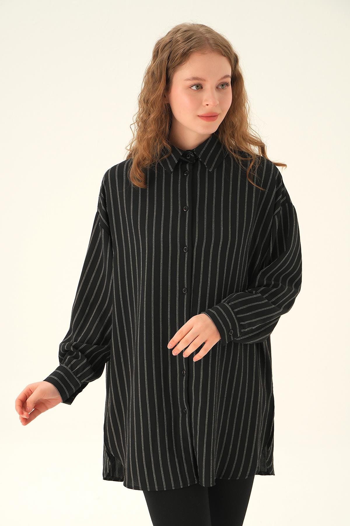 Siyah Çizgili Oversize Gömlek 4013A - 3