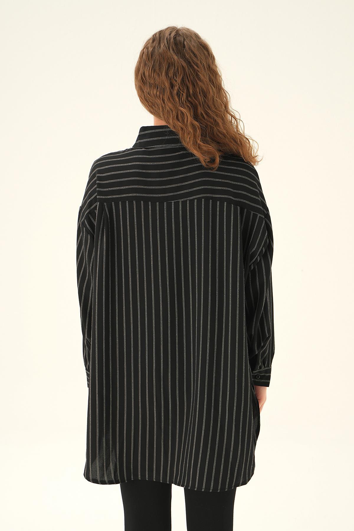 Siyah Çizgili Oversize Gömlek 4013A - 4