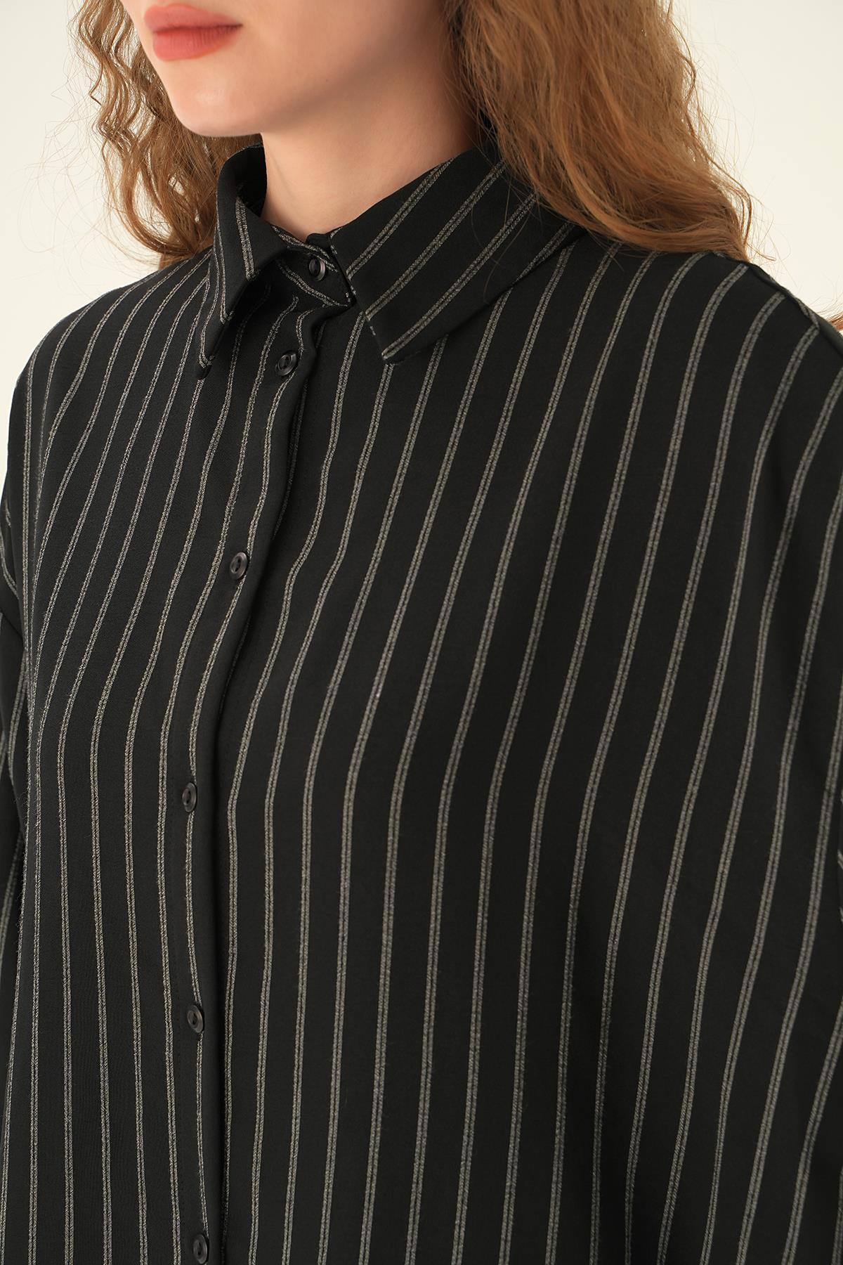 Siyah Çizgili Oversize Gömlek 4013A - 5