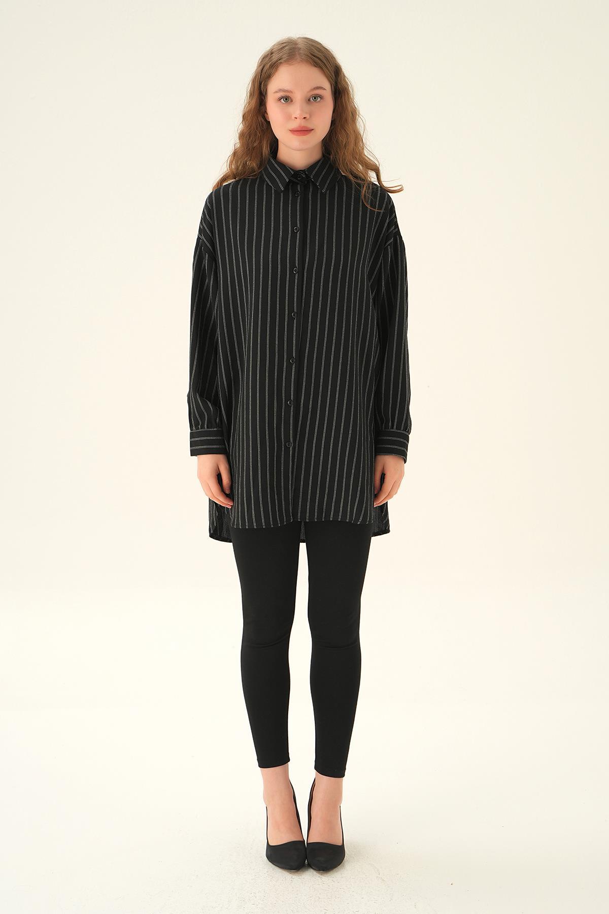 Siyah Çizgili Oversize Gömlek 4013A - 6