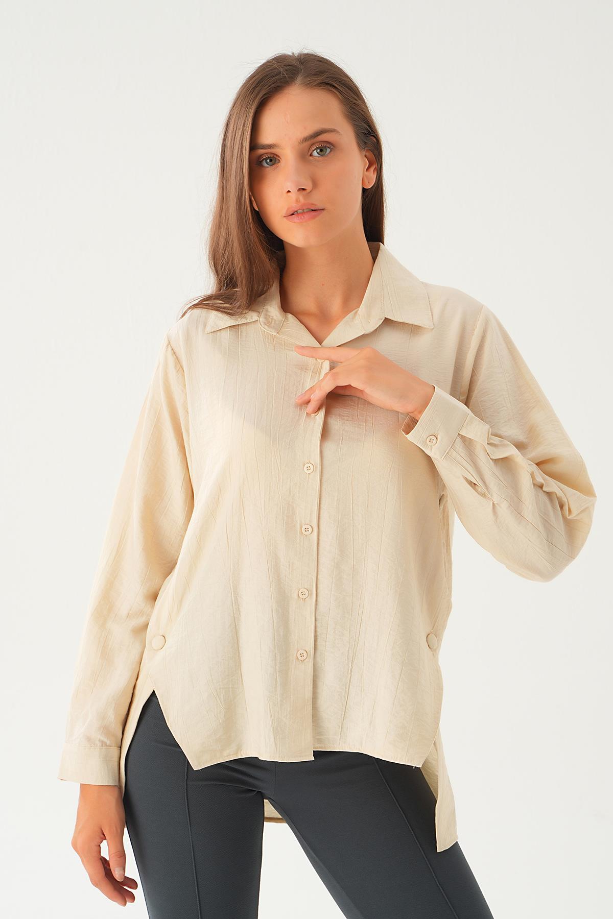 Bej Yan Çıtçıtlı Arka Uzun Gömlek 4014A - 1