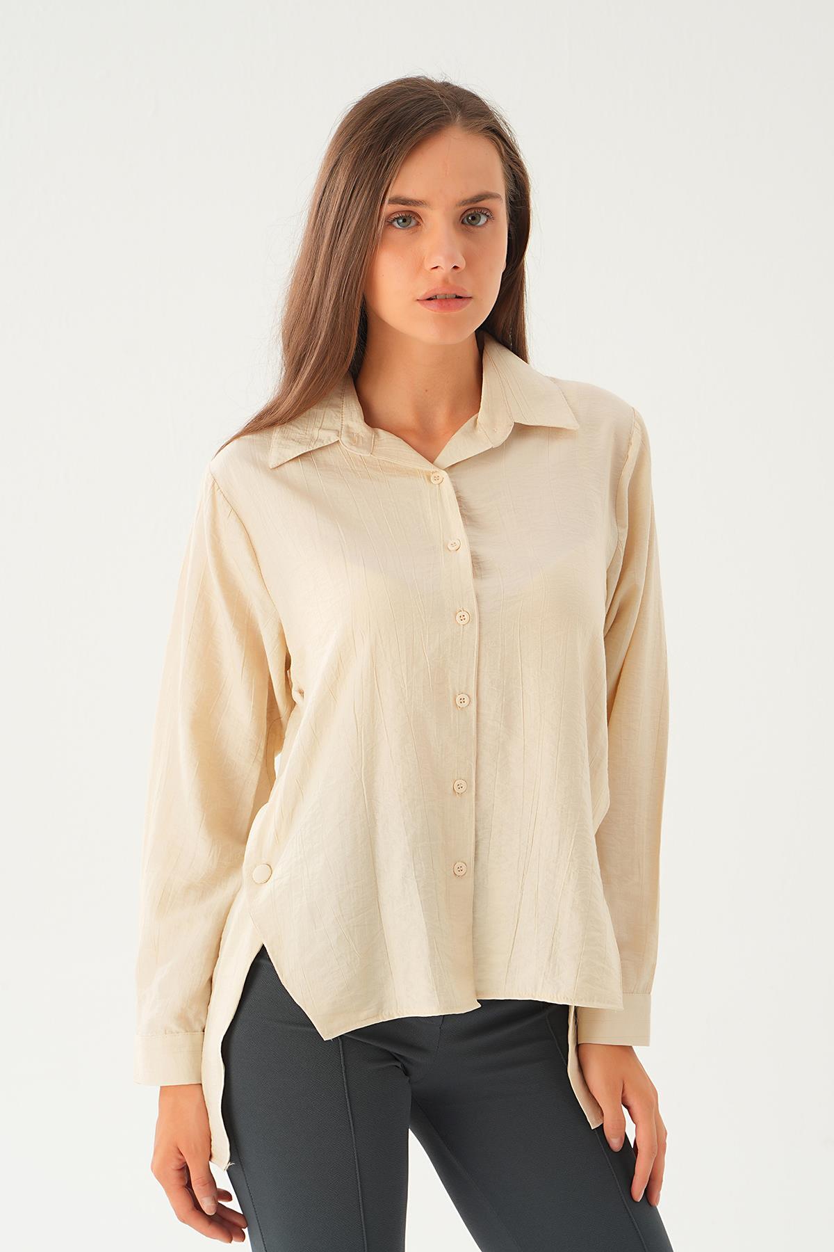 Bej Yan Çıtçıtlı Arka Uzun Gömlek 4014A - 3