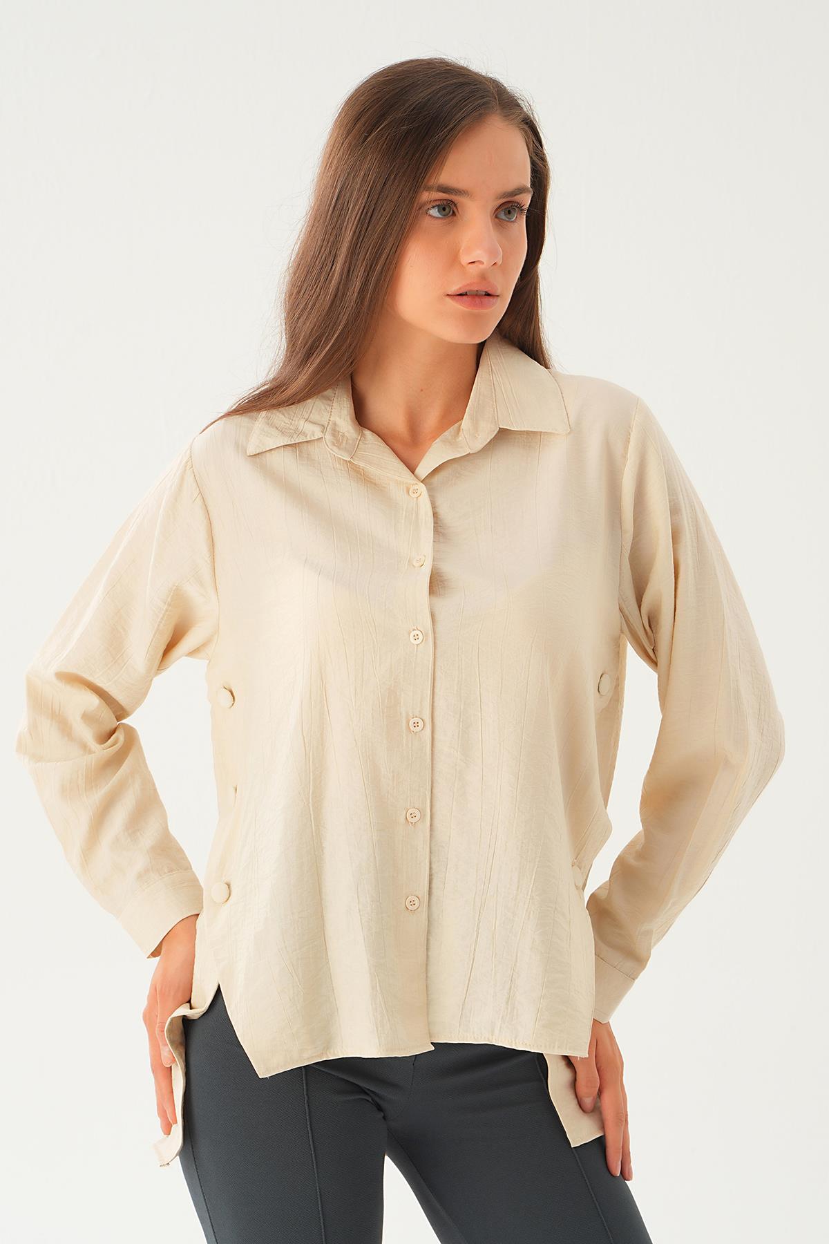 Bej Yan Çıtçıtlı Arka Uzun Gömlek 4014A - 4