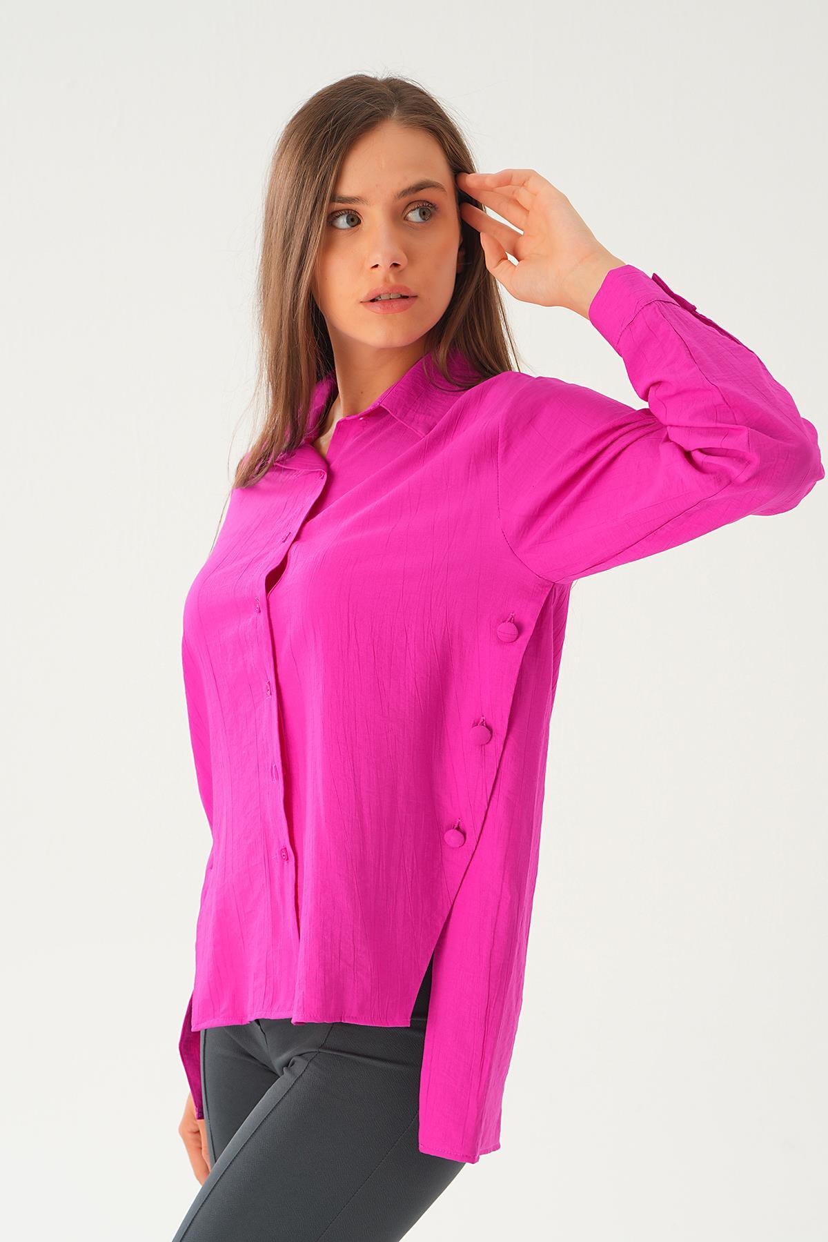 Fuşya Yan Çıtçıtlı Arka Uzun Gömlek 4014A - 2