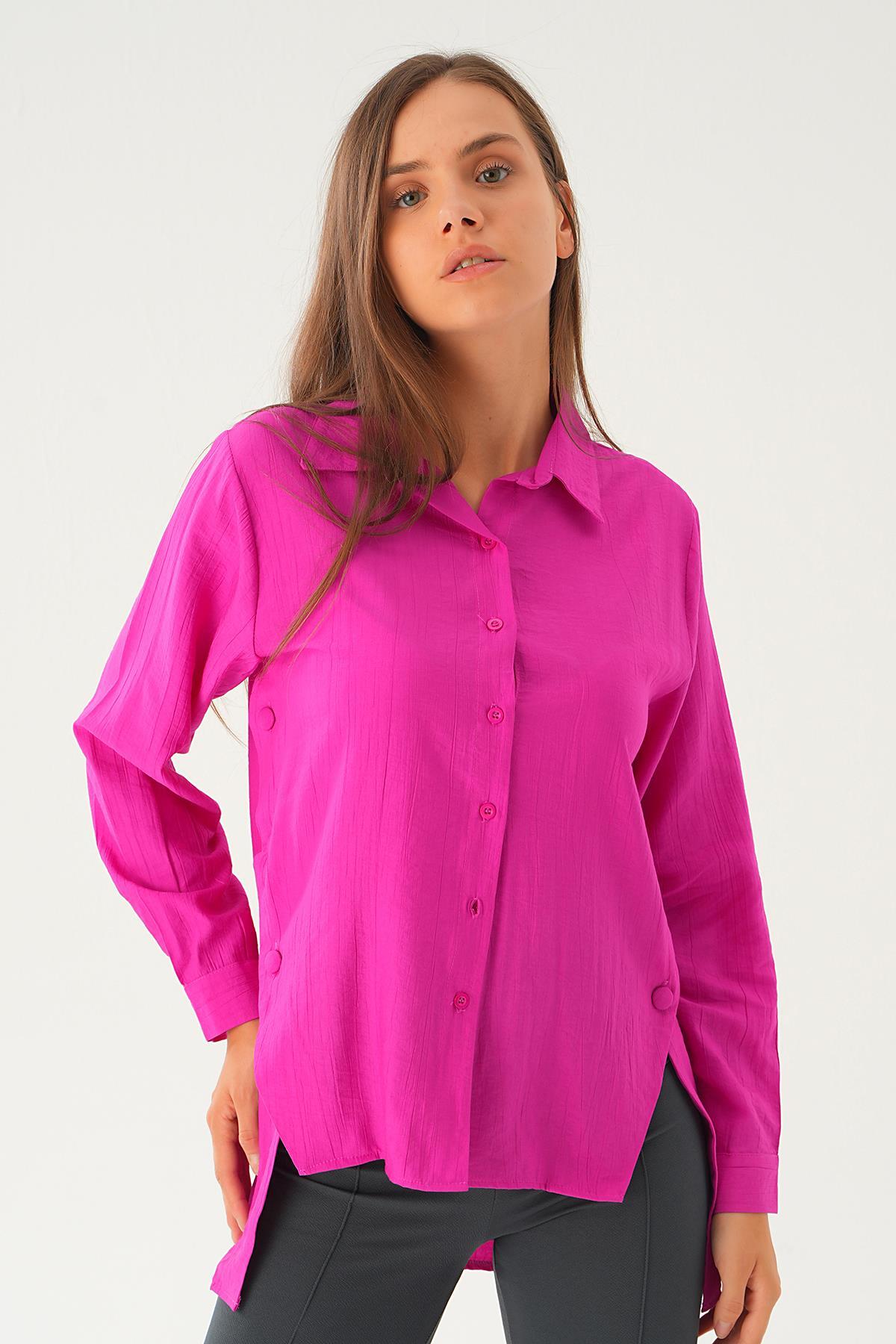 Fuşya Yan Çıtçıtlı Arka Uzun Gömlek 4014A - 3