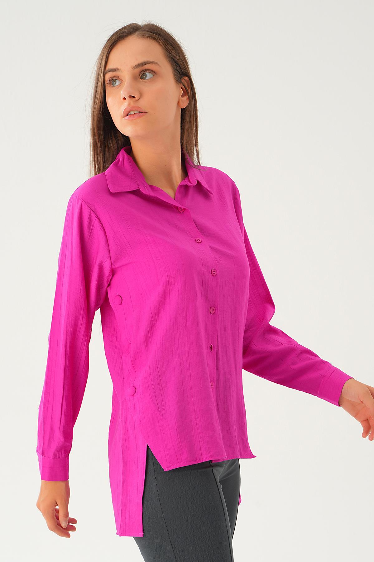 Fuşya Yan Çıtçıtlı Arka Uzun Gömlek 4014A - 4