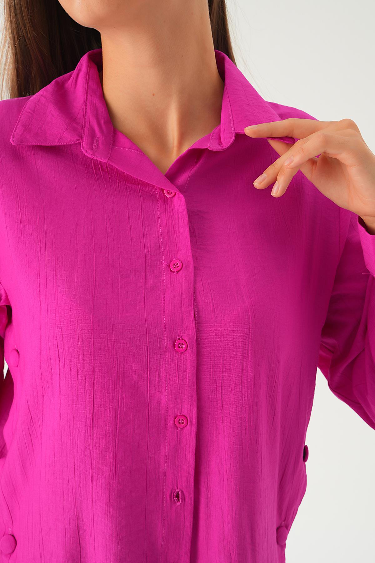 Fuşya Yan Çıtçıtlı Arka Uzun Gömlek 4014A - 6