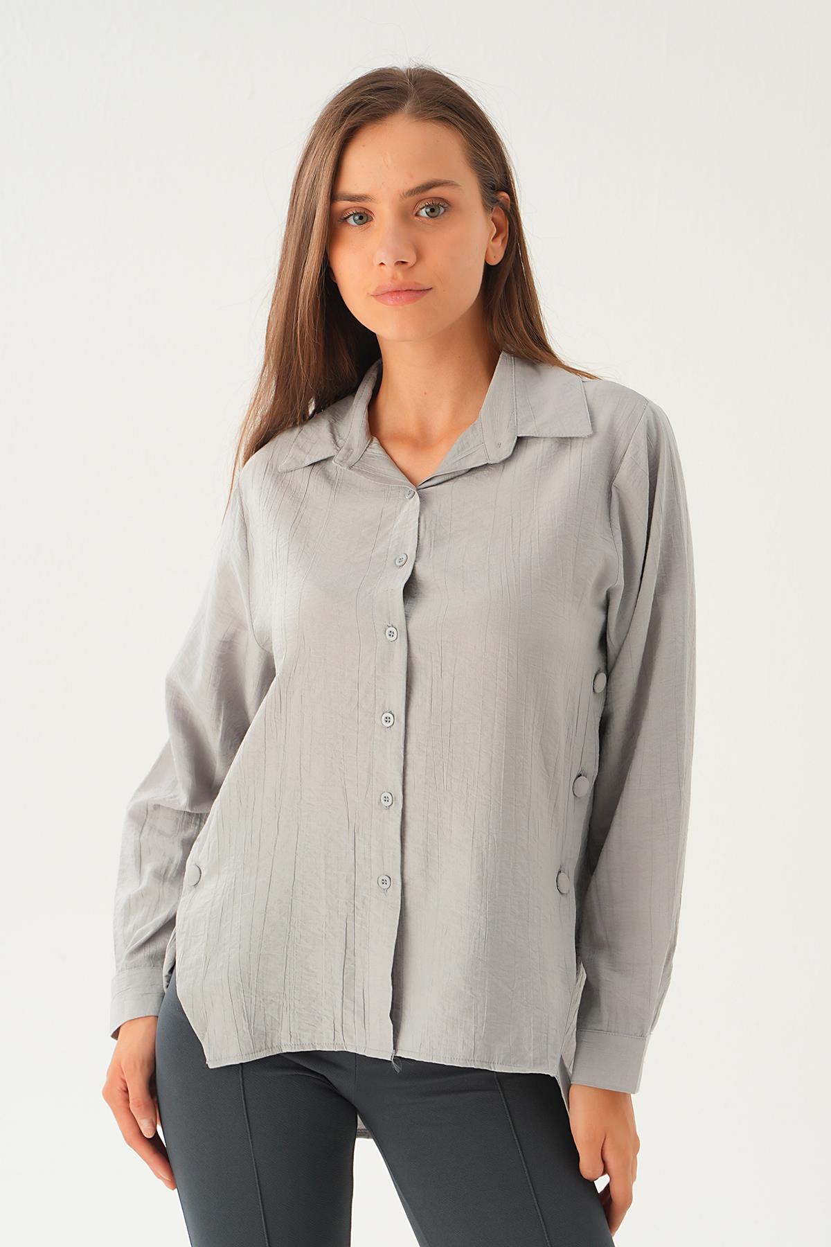Gri Yan Çıtçıtlı Arka Uzun Gömlek 4014A 