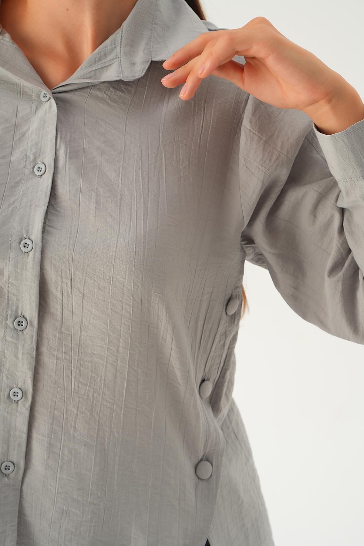 Gri Yan Çıtçıtlı Arka Uzun Gömlek 4014A - 6