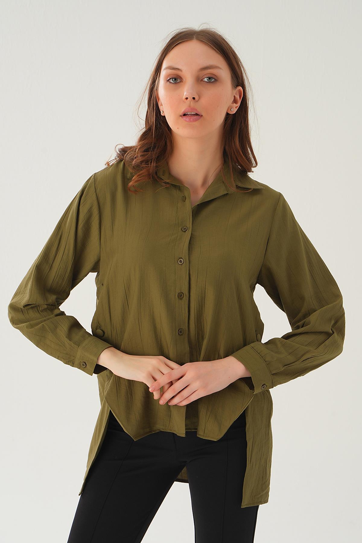 4014A Yan Çıtçıtlı Arka Uzun Gömlek Haki 