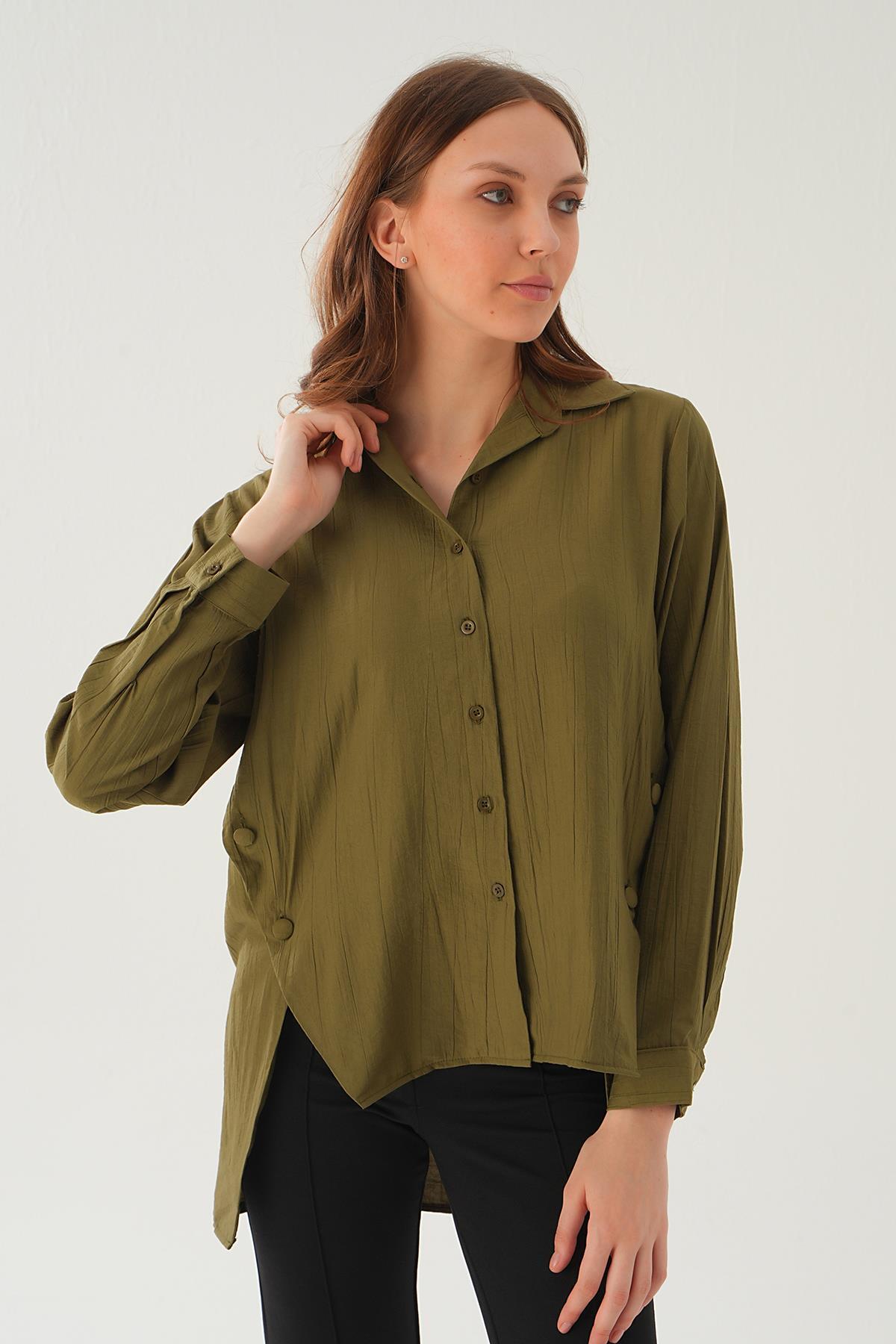 Haki Yan Çıtçıtlı Arka Uzun Gömlek 4014A - 2