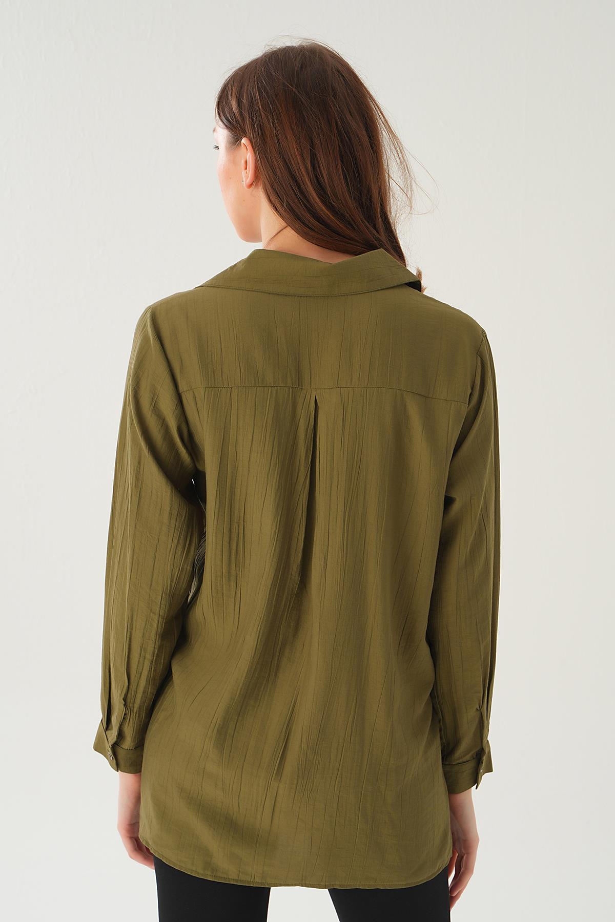 Haki Yan Çıtçıtlı Arka Uzun Gömlek 4014A - 5