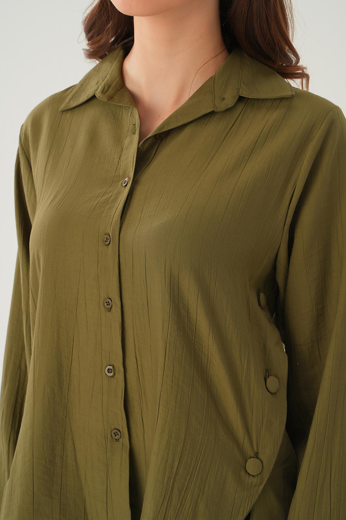 Haki Yan Çıtçıtlı Arka Uzun Gömlek 4014A - 6
