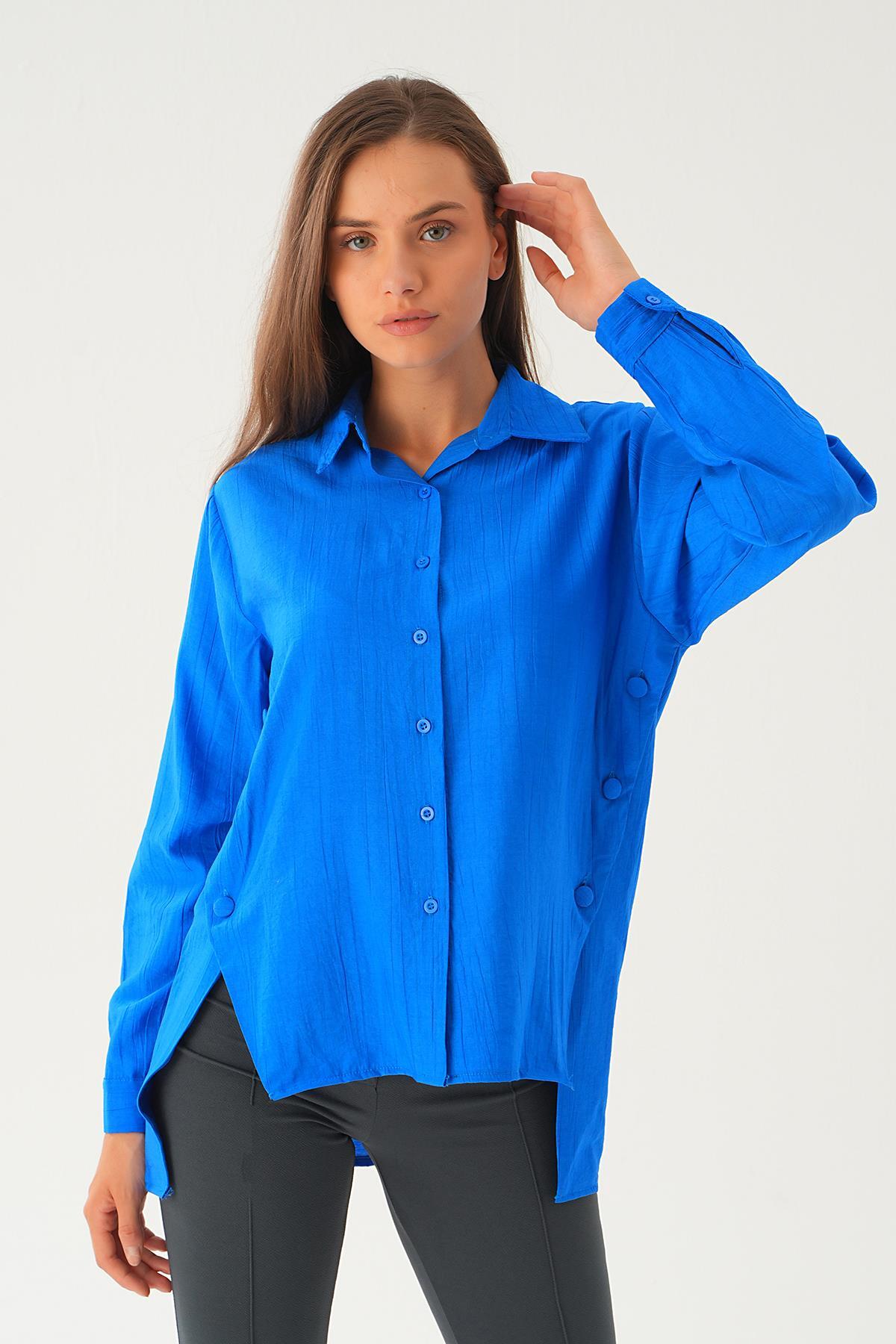 Saks Yan Çıtçıtlı Arka Uzun Gömlek 4014A - 2