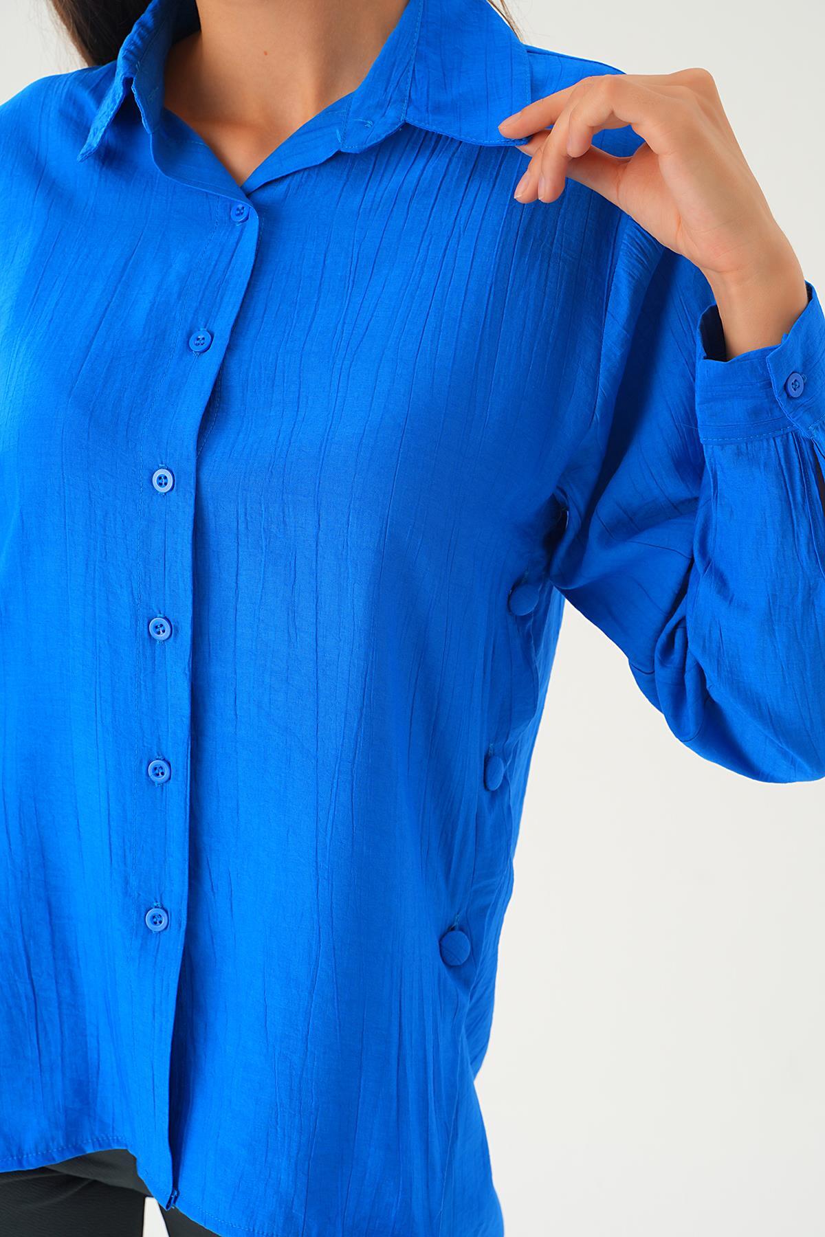 Saks Yan Çıtçıtlı Arka Uzun Gömlek 4014A - 4