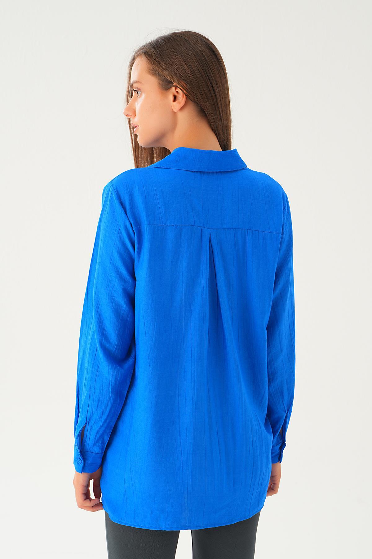 Saks Yan Çıtçıtlı Arka Uzun Gömlek 4014A - 5