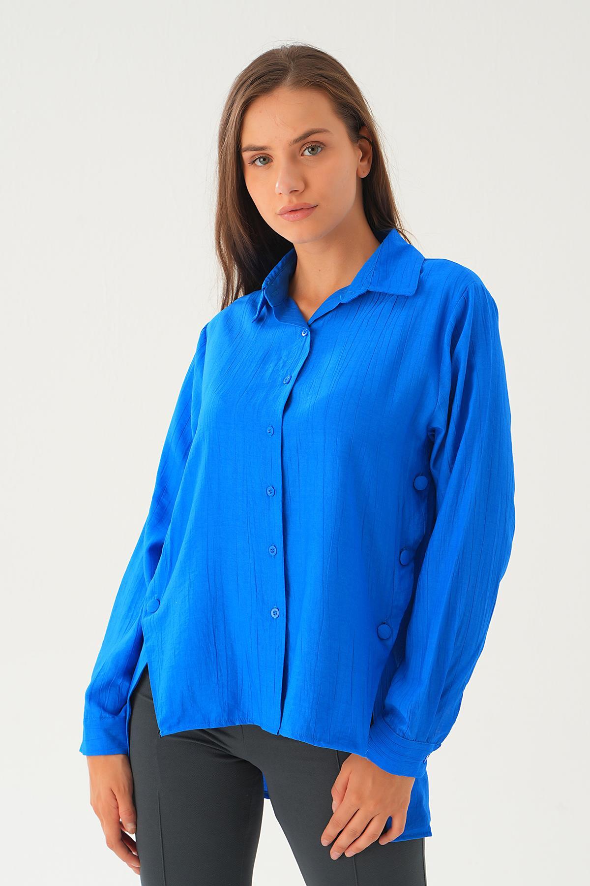 Saks Yan Çıtçıtlı Arka Uzun Gömlek 4014A - 6