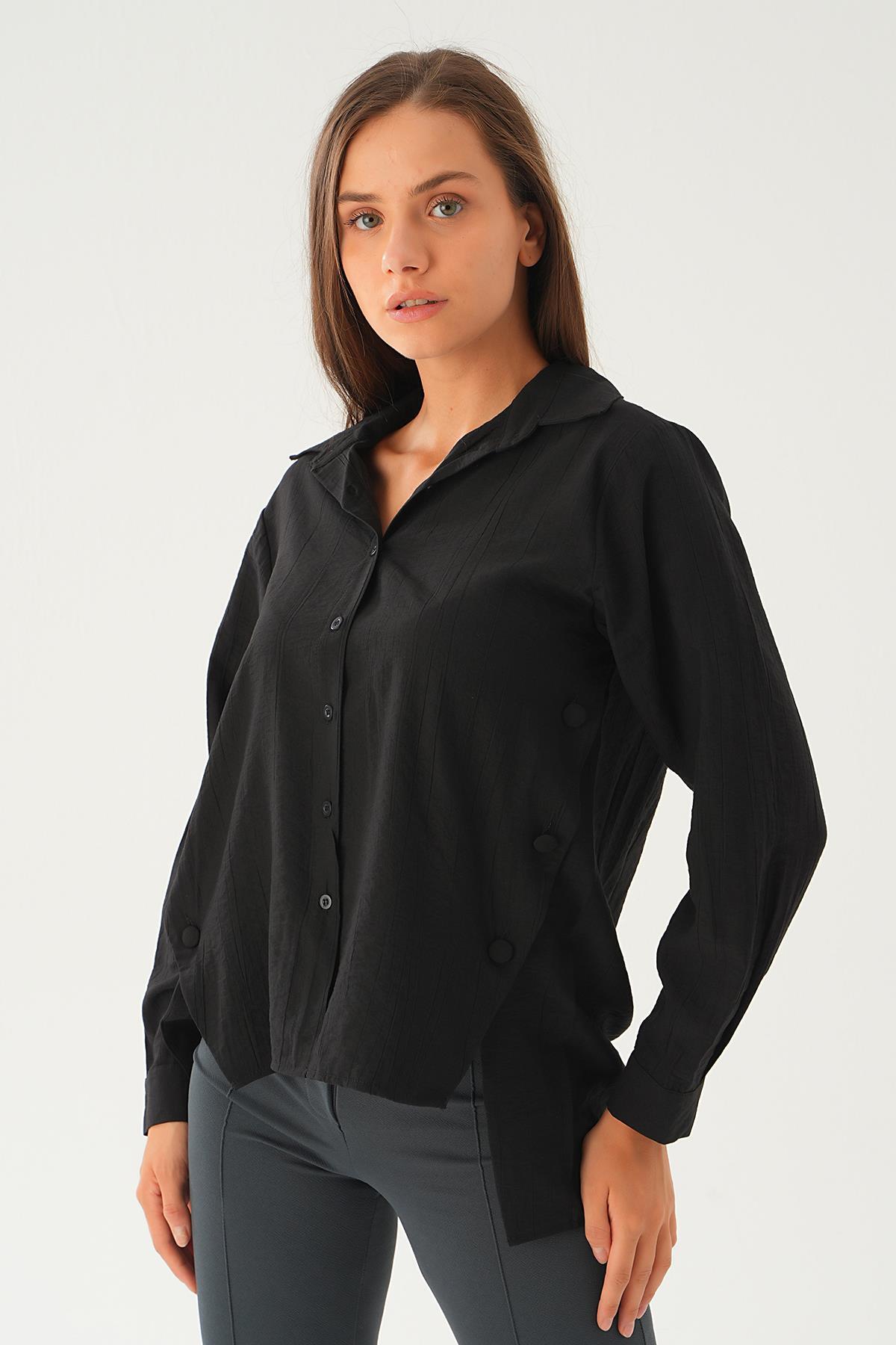 4014A Yan Çıtçıtlı Arka Uzun Gömlek Siyah 