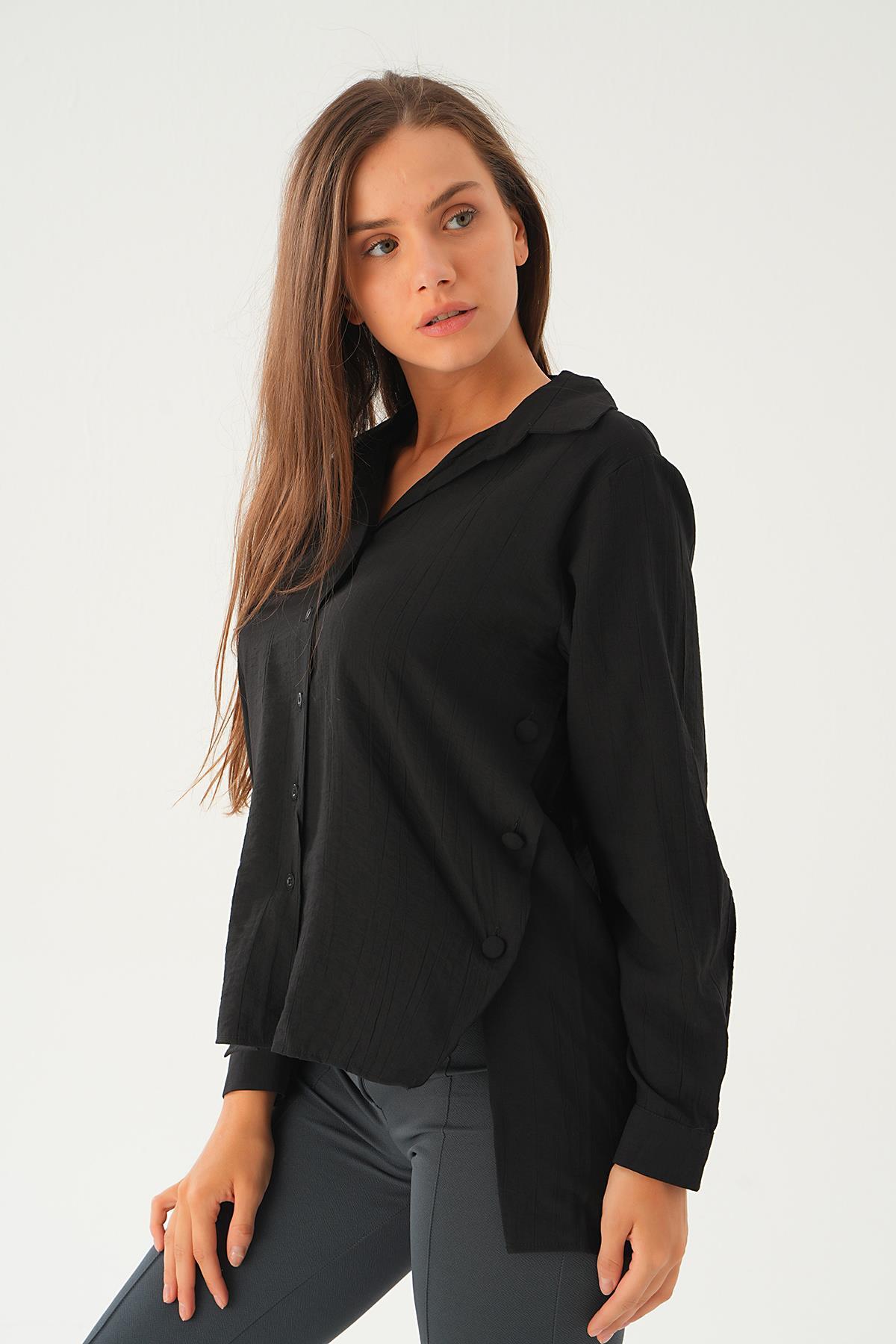 Siyah Yan Çıtçıtlı Arka Uzun Gömlek 4014A - 2