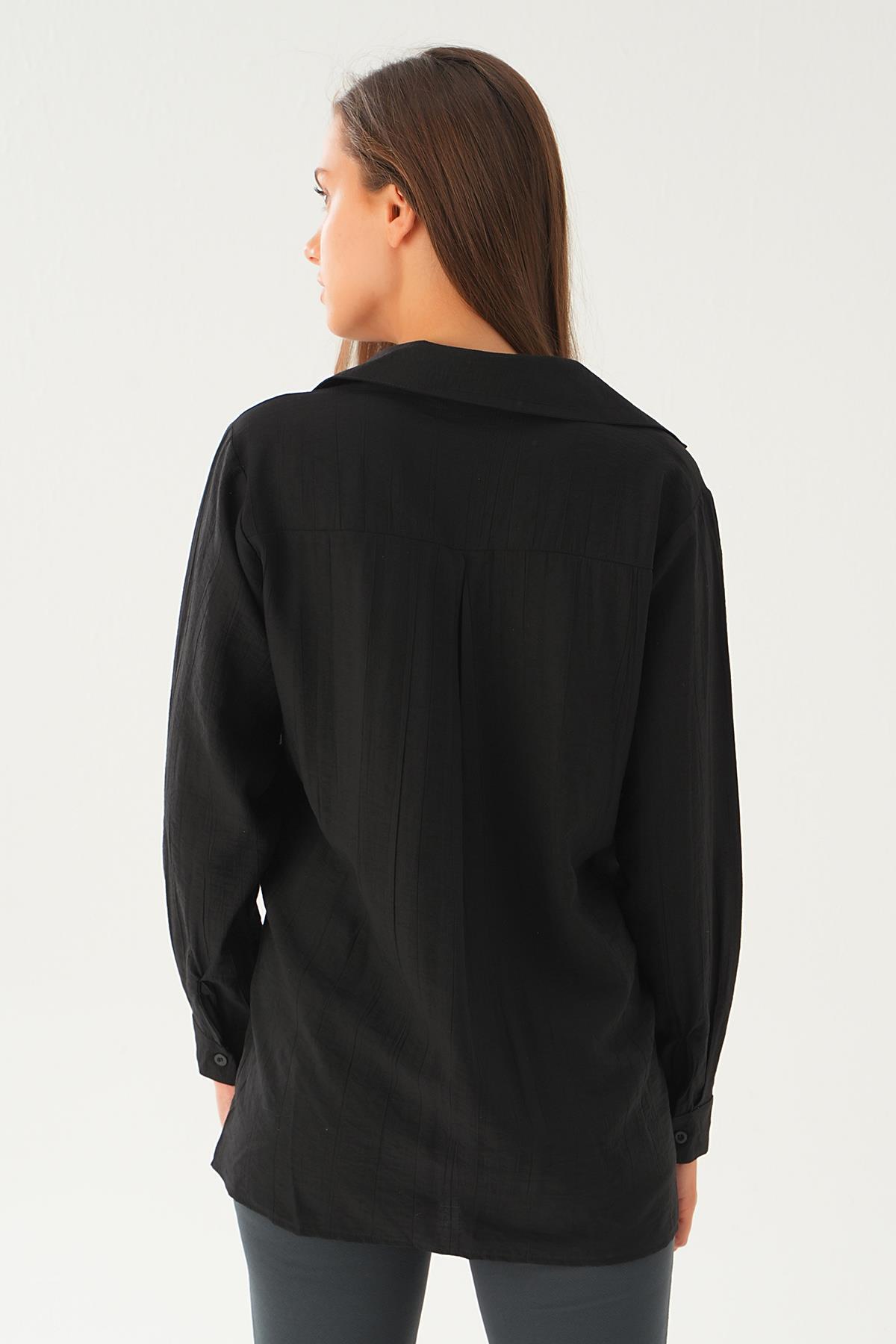 Siyah Yan Çıtçıtlı Arka Uzun Gömlek 4014A - 3