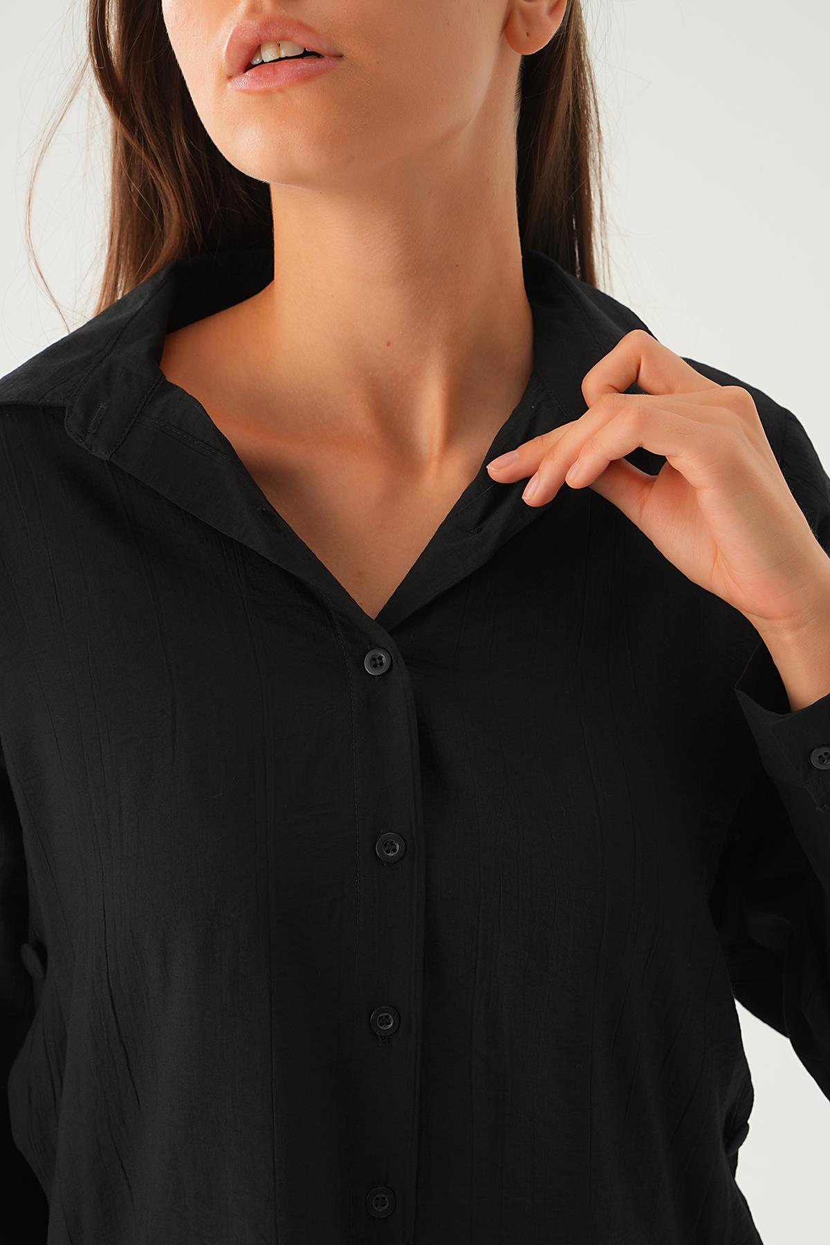 Siyah Yan Çıtçıtlı Arka Uzun Gömlek 4014A - 4