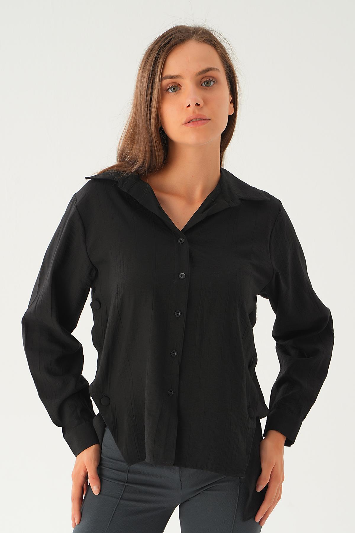 Siyah Yan Çıtçıtlı Arka Uzun Gömlek 4014A - 5