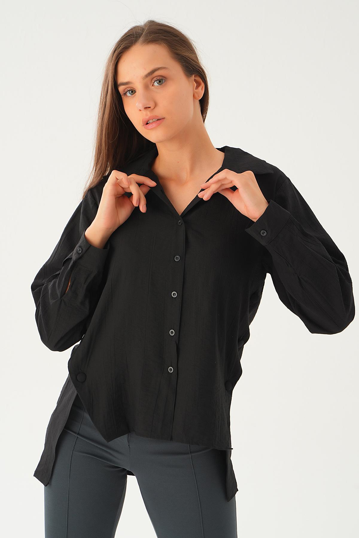 Siyah Yan Çıtçıtlı Arka Uzun Gömlek 4014A - 6