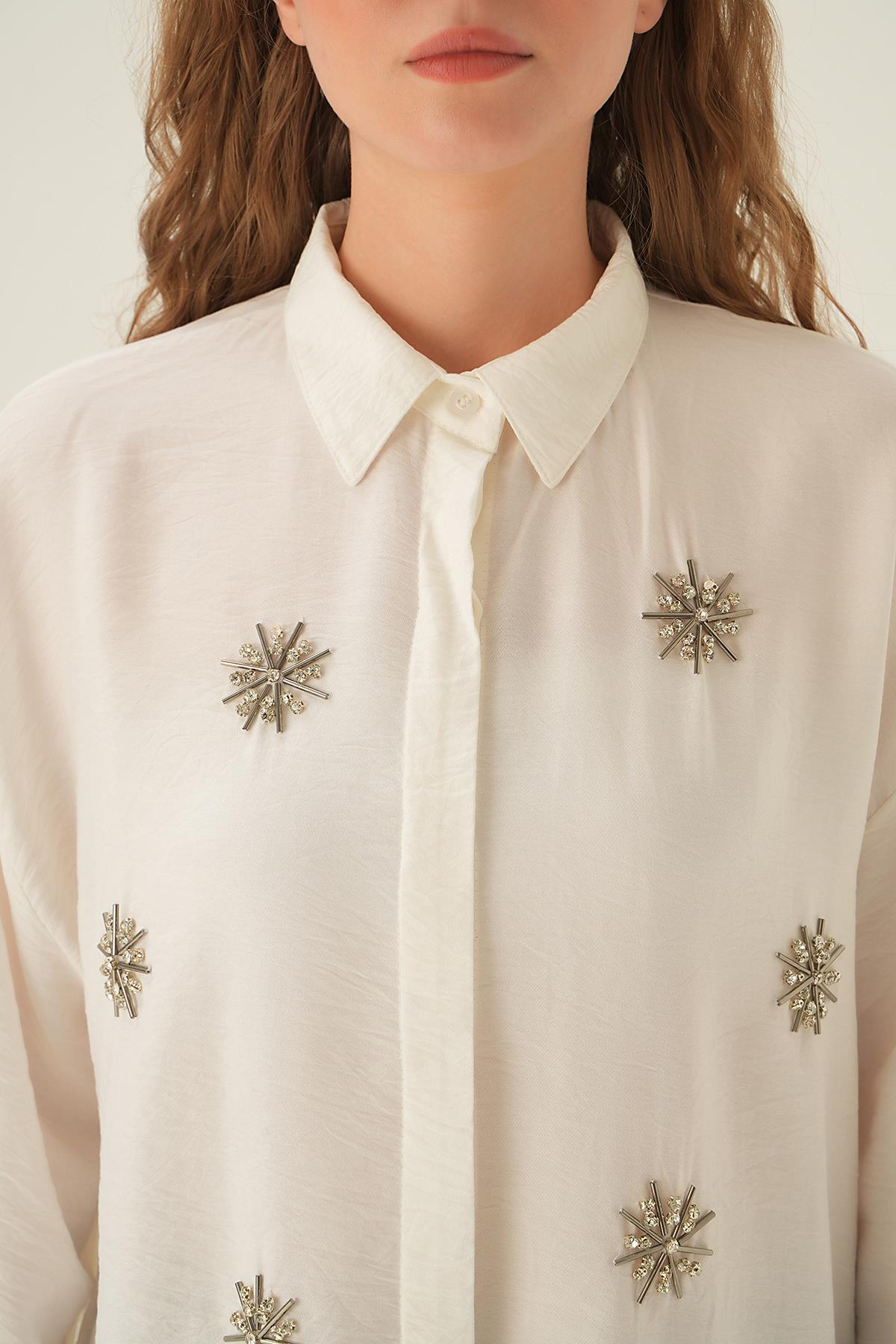 4016 Taş İşlemeli Gömlek Beyaz - 6