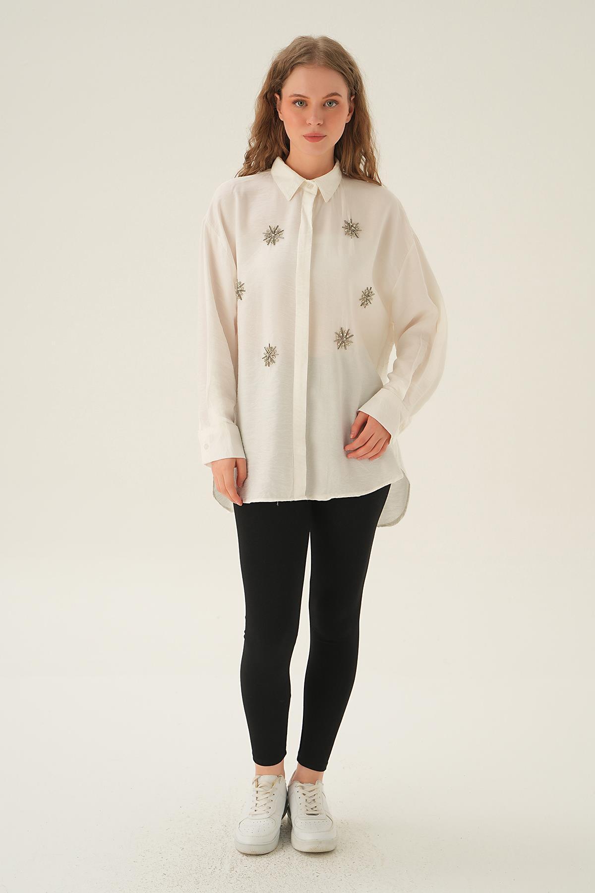 4016 Taş İşlemeli Gömlek Beyaz - 2