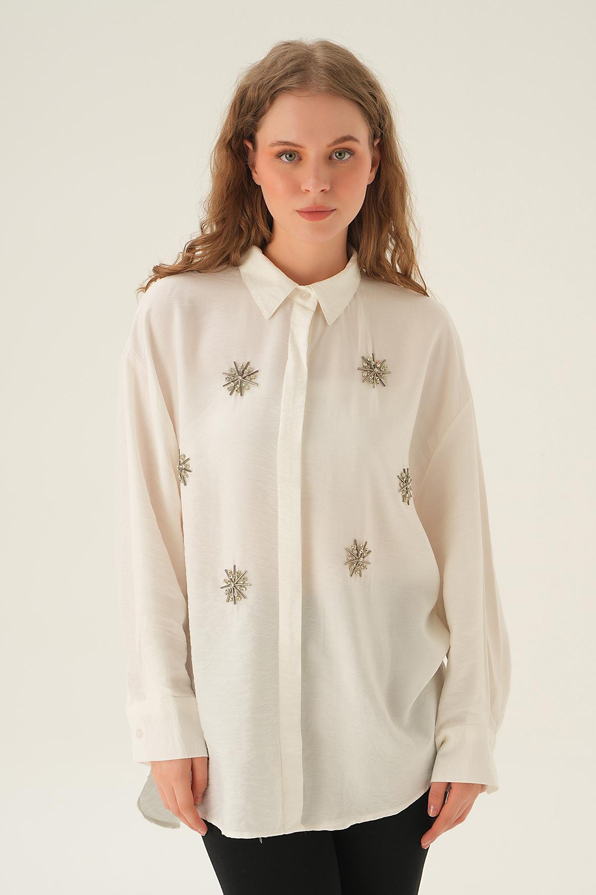 Beyaz Taş İşlemeli Gömlek 4016 - 3