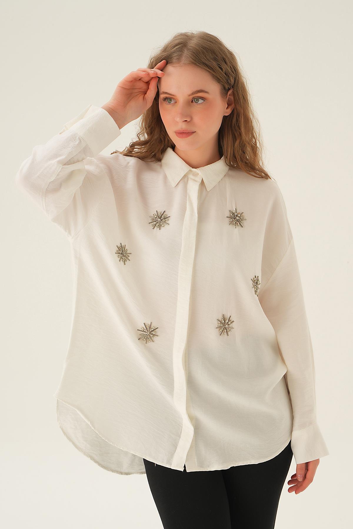 Beyaz Taş İşlemeli Gömlek 4016 - 4