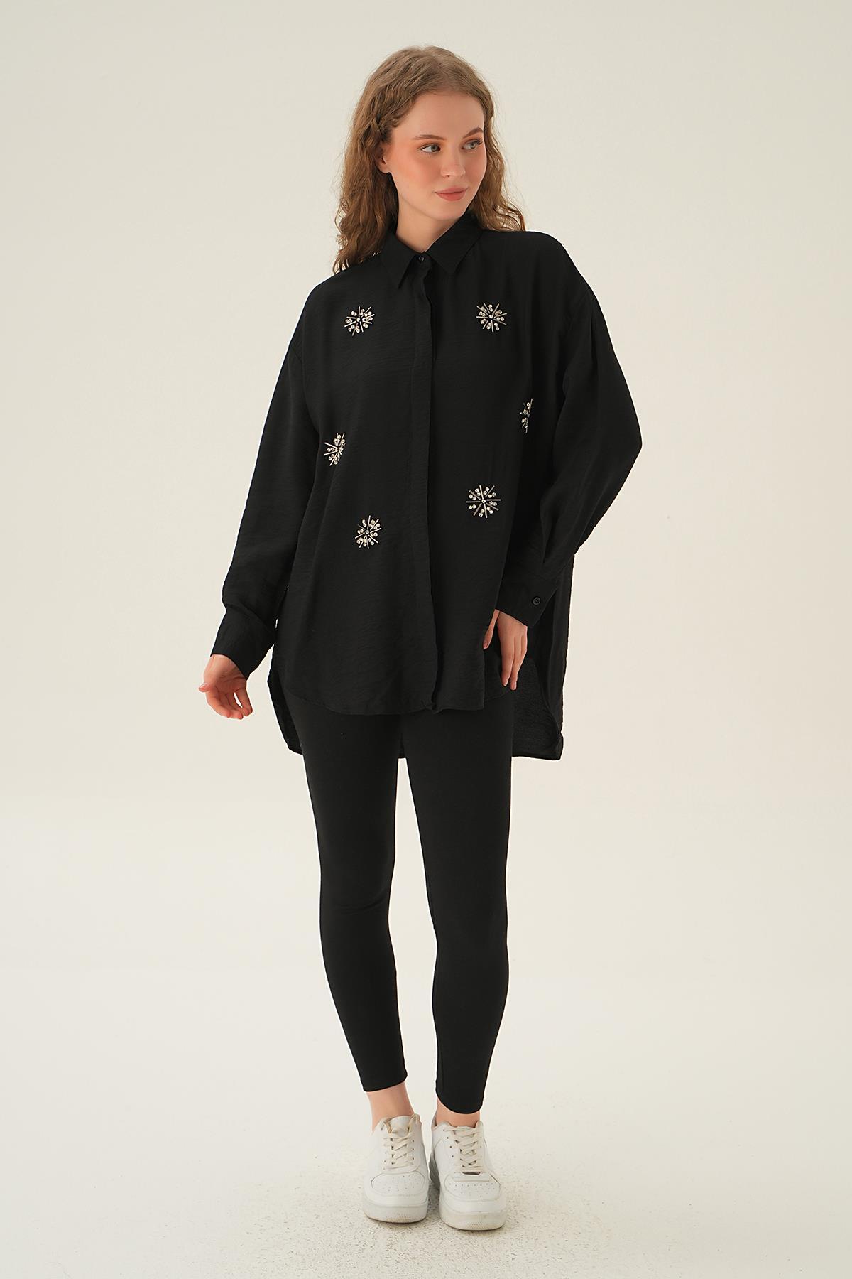 4016 Taş İşlemeli Gömlek Siyah - 2