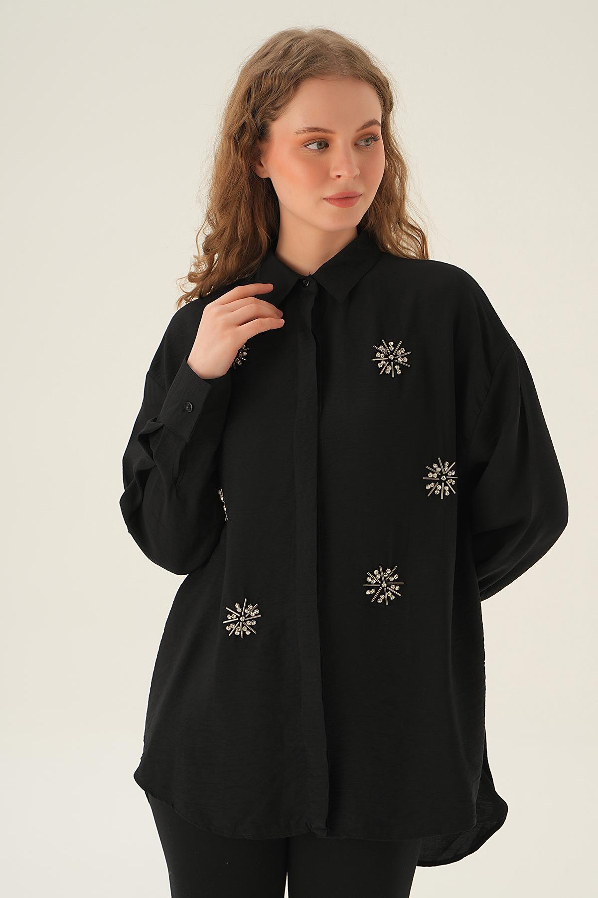 4016 Taş İşlemeli Gömlek Siyah - 3