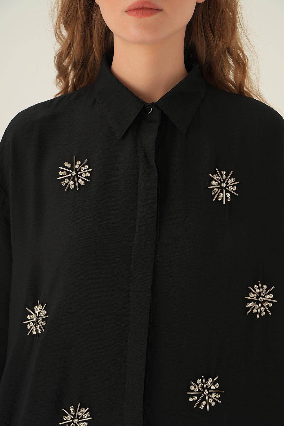 4016 Taş İşlemeli Gömlek Siyah - 5