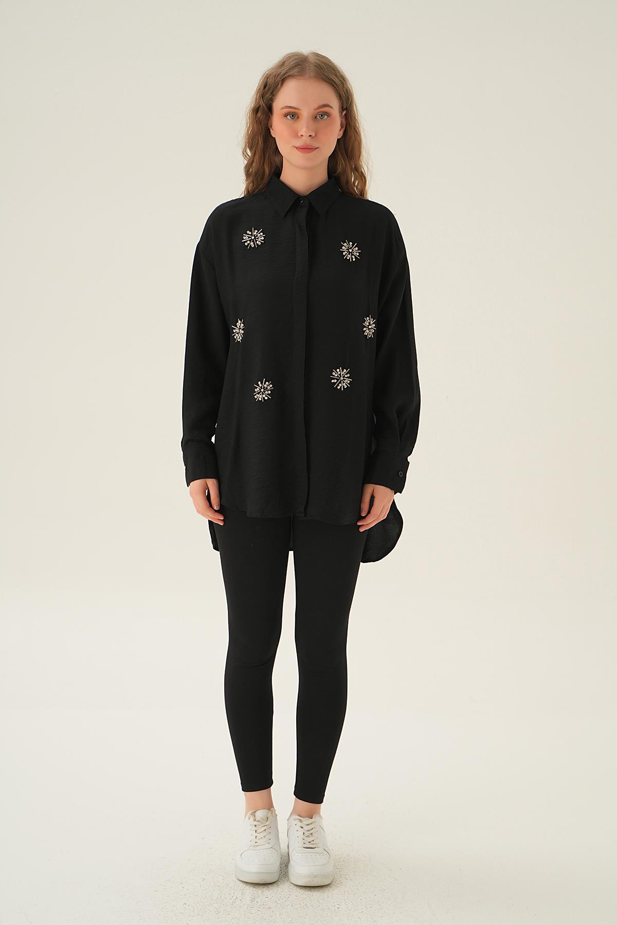 4016 Taş İşlemeli Gömlek Siyah - 6