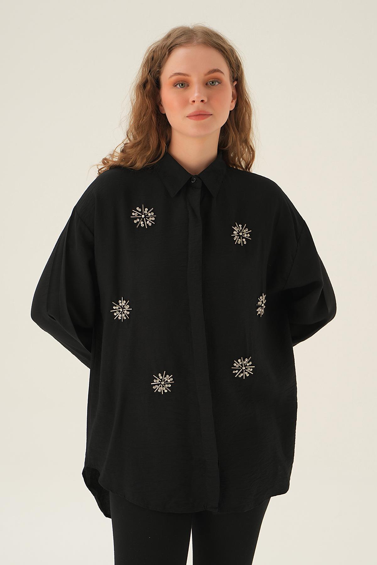 Siyah Taş İşlemeli Gömlek 4016 