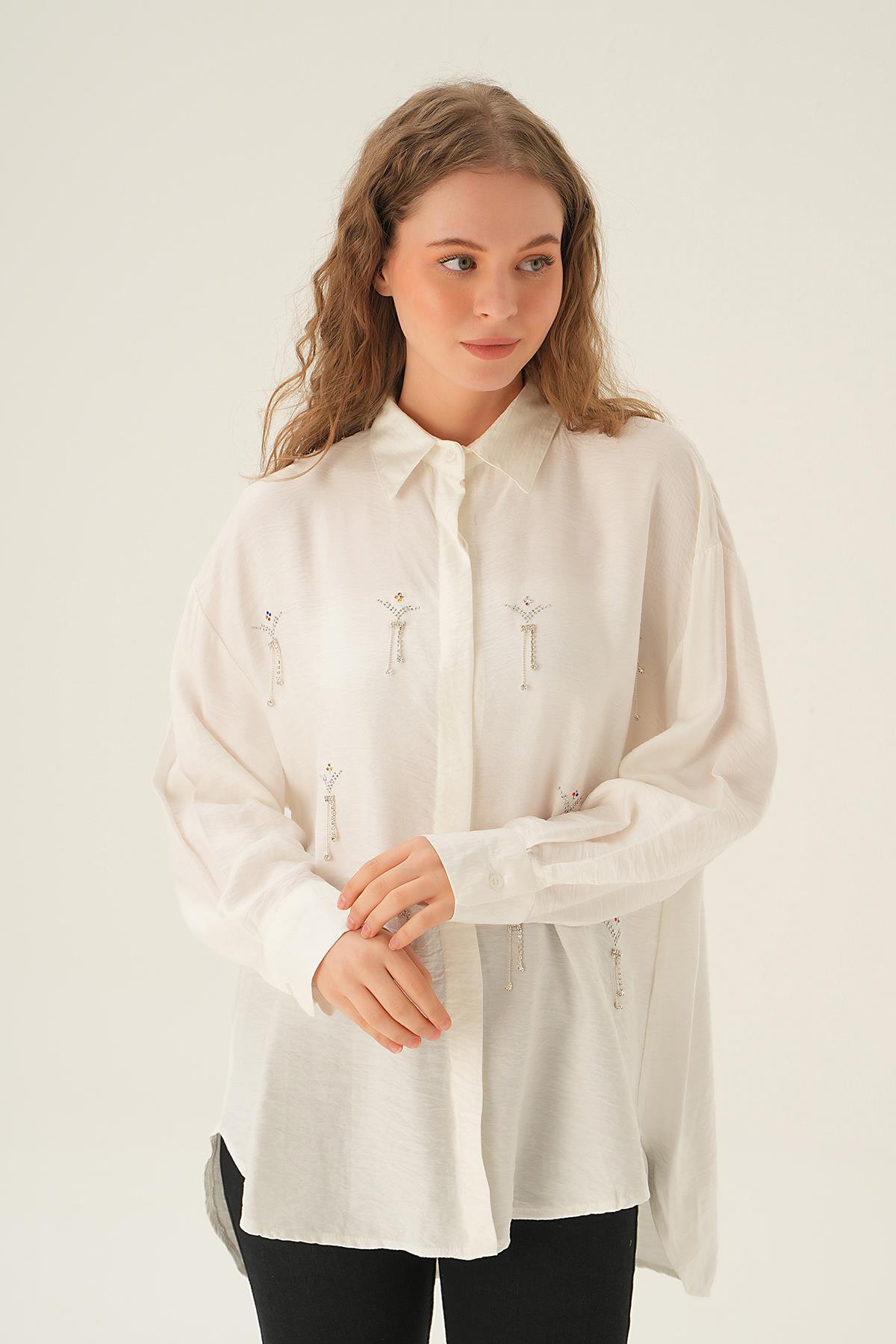 4017 Taş Detay Gömlek Beyaz - 3