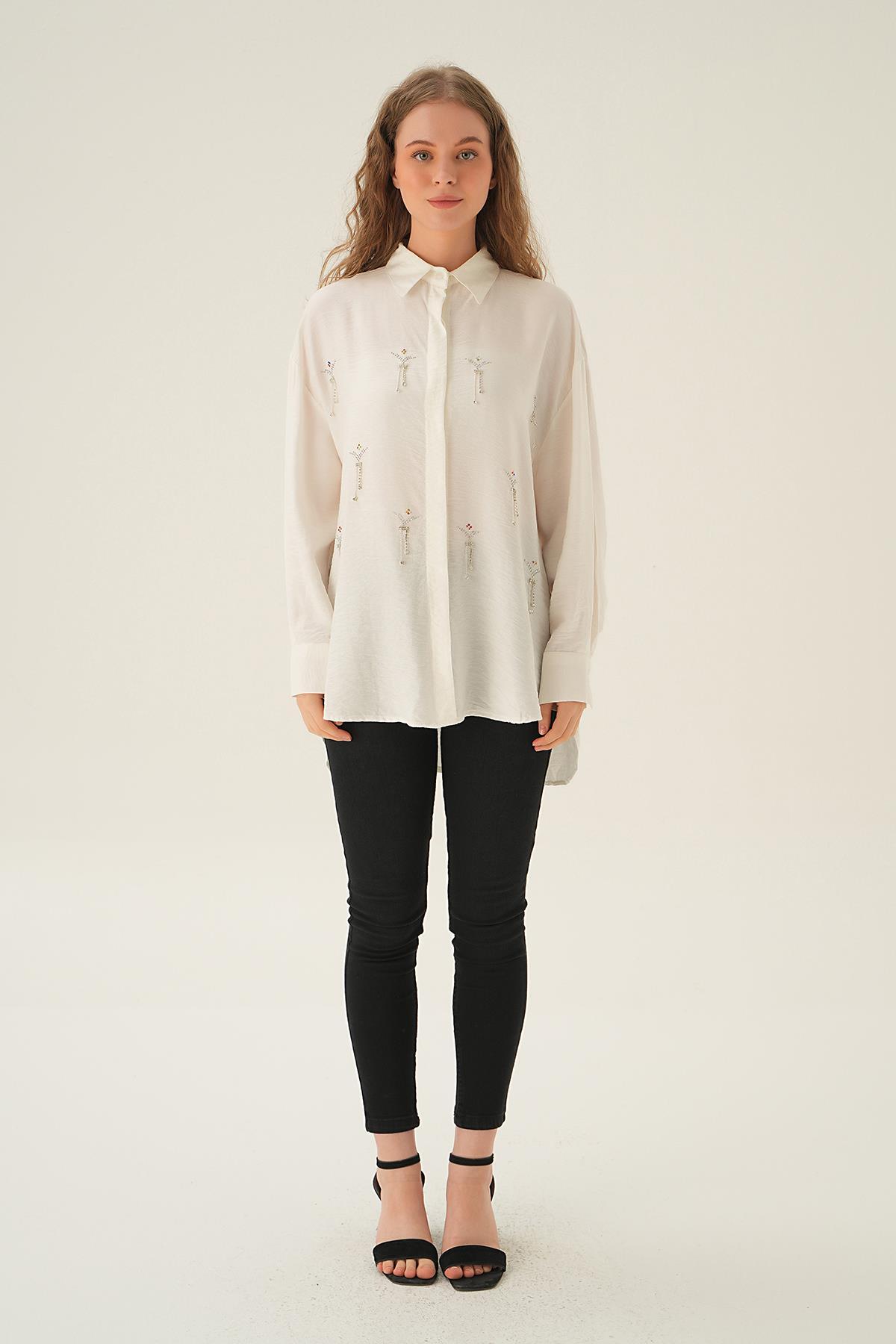 4017 Taş Detay Gömlek Beyaz - 6