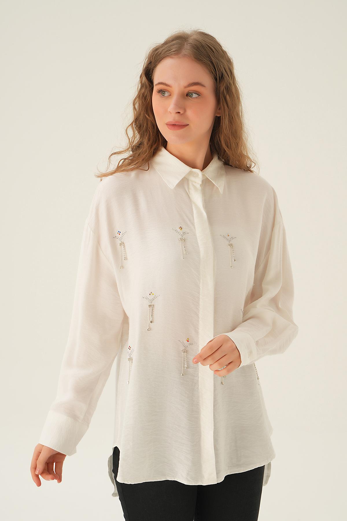 Beyaz Taş Detay Gömlek 4017 