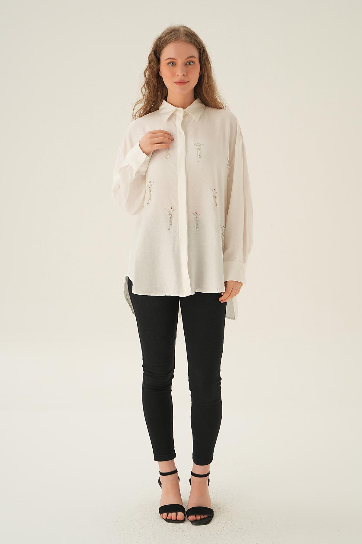 Beyaz Taş Detay Gömlek 4017 - 2