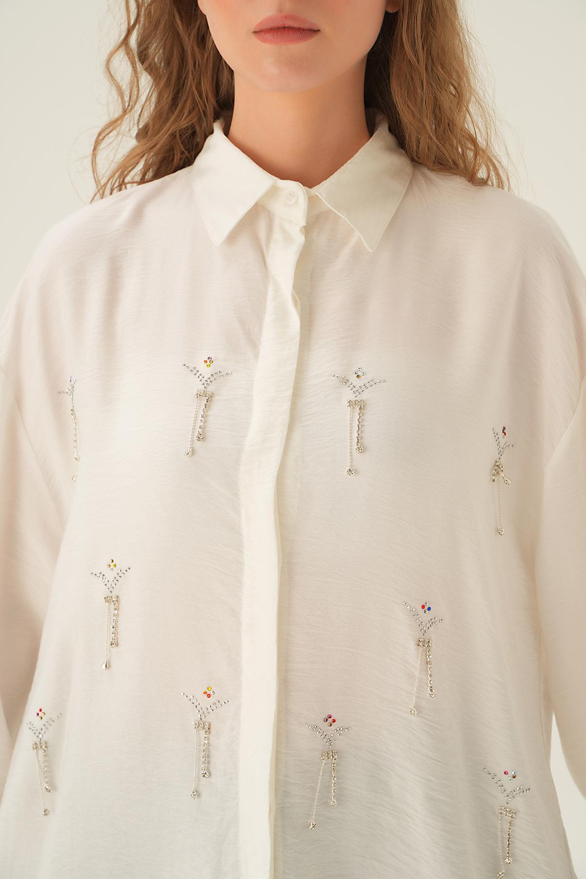 Beyaz Taş Detay Gömlek 4017 - 5