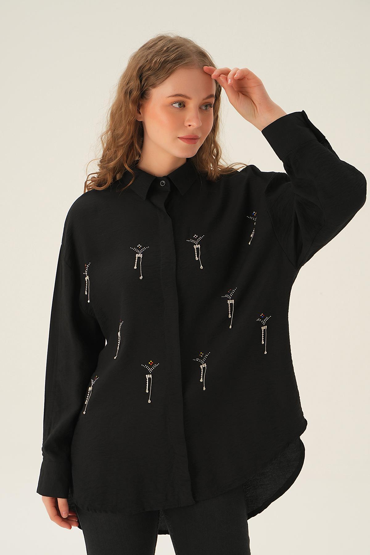 4017 Taş Detay Gömlek Siyah - 1